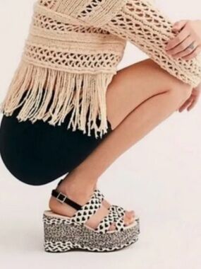 Free People Dolce Woven Black and White Print Platform Wedge Sandals